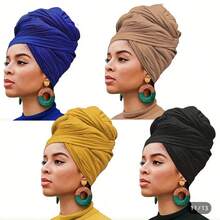 Set Of 4 Bohemian Style Pleated Head Wraps, Elegant Solid Color Turban Caps, Breathable And Ultra Soft Extra Long Headbands For Women - 藍色 駝色 黃色 黑色 - 查看 1