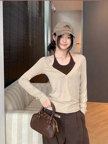 新款韩版露背假分体长袖T恤，绝佳打底衫，女士春季针织T恤 - 咖啡棕 - 查看 5
