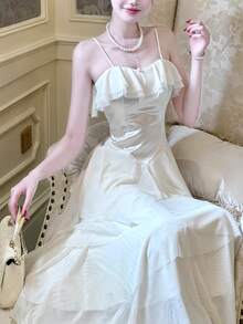 Elegant Romantic Wedding Guest Tulle Spaghetti Strap Party Evening Tie-Up Ruffle Hem Princess Dress - Apricot - View 8