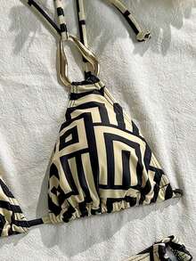 Casual Sexy Women's Halter Bikini Set With Geometrical Pattern High Stretch Fabric And Tie Back Detail - Multicolor - View 5