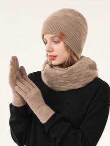 1-3件組 女款冬季針織雙層保暖內裡加厚毛帽、圍脖、觸控手套套裝，帽子附人造毛球，寒冷天氣保暖套裝，適合日常使用 - 彩色 - 查看 18