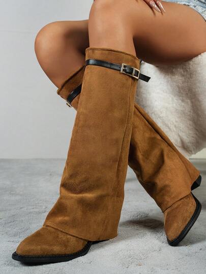 Fall/Winter Vegan Slip-On Knee-High Boots With Chunky Heels, Minimalist And Versatile,Women Boots,Chunky Heel Retro Women's Western Boots, New Autumn/Winter Flared Leg Boots, Pointed Toe Tall Boots, High Heel Riding Boots, Fashionable & Versatile Flow