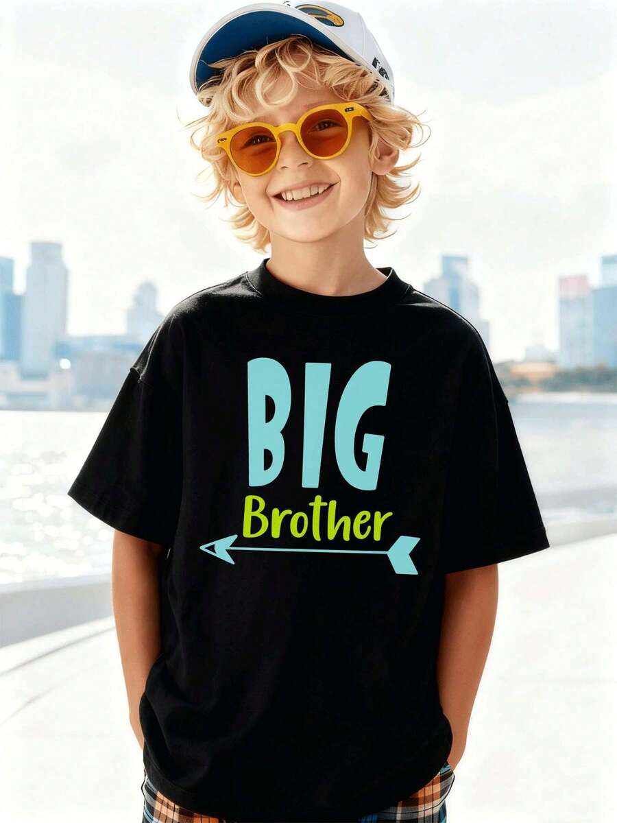 Camiseta gráfica de calle para ni?o de Gran Hermano, algodón premium, absorbente del sudor, estampado visual clásico - Negro - Ver 1