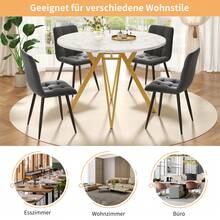 Dining Table Set (5 Pieces), Dining Table Set With 4 Chairs, Modern Kitchen Dining Table Set, 100cm Diameter Round Kitchen Table And Gold Metal Legs, MDF Marble Table Top, Grey Dining Chairs - Gold + Gray + Linen + MDF - View 2