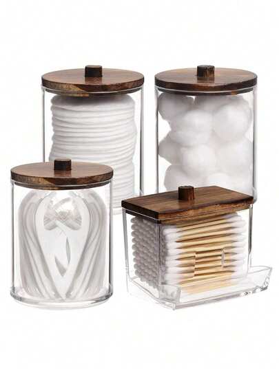 4 Packs Qtip Cosmetic Containers, 10/7 Ounce Round Cosmetic Cleaning Swab Dispenser, Medicine Bottle With Bamboo Lid For Organization And Storage,For Holiday Beach, Bathroom Collection, Bedroom Collection, Large Capacity