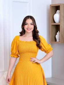 Pleated Midi Dress With Elastex Waist - Yellow - View 3
