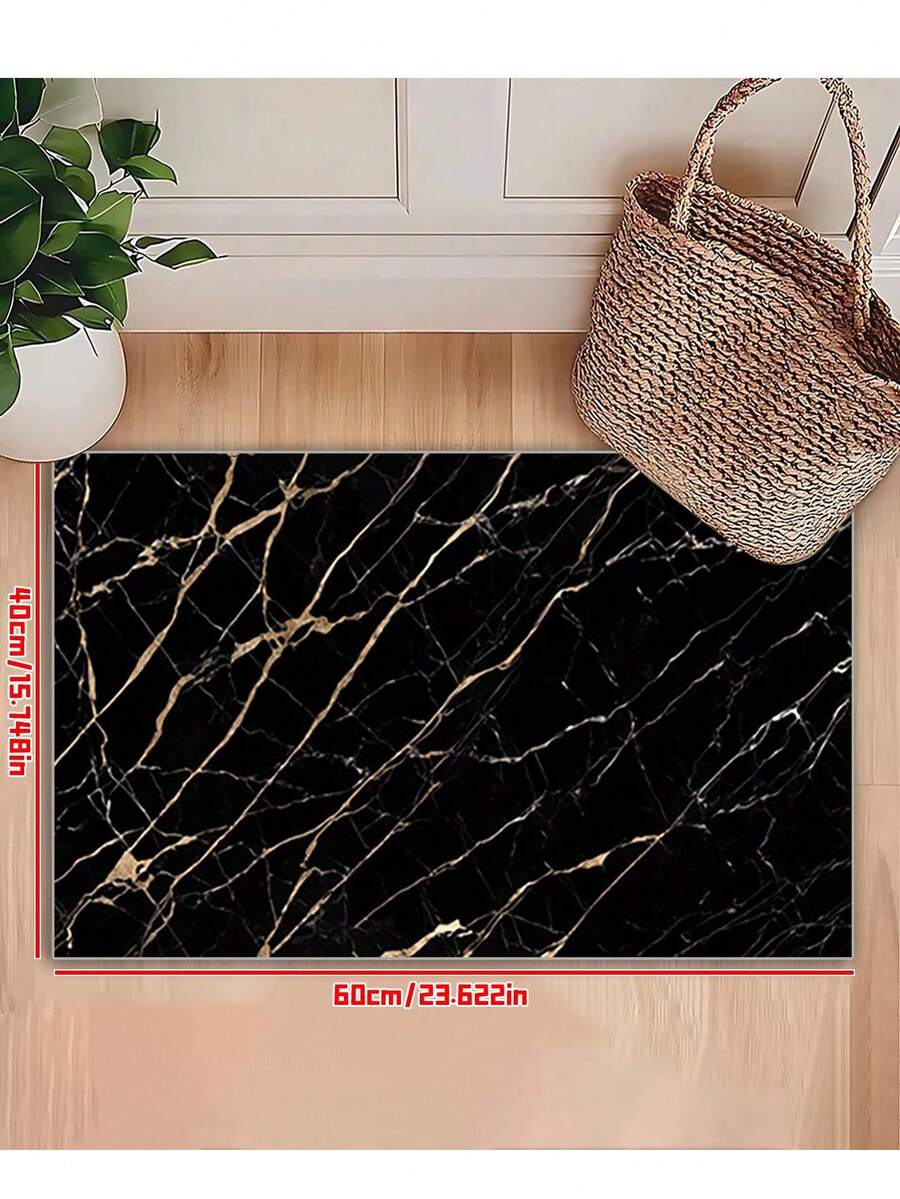 1pc Luxury Black & Gold Marble Texture Bath Mat, Small Rug - Black - View 1