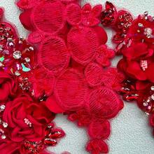 3D 串珠珍珠花面料蕾丝贴花、花卉刺绣贴片婚纱手工缝纫工具，适用于衣服和头带 - 紅色 - 查看 6