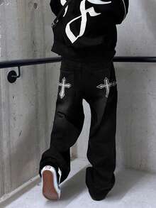 GlobeSwift 男士宽松交叉印花直筒阔腿牛仔裤，Emo 风格 - 黑色 - 查看 1