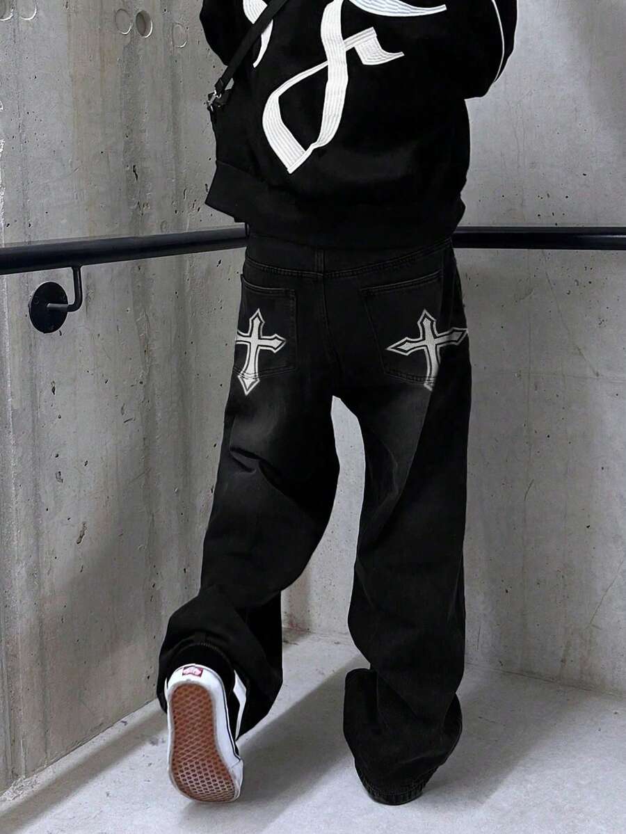 GlobeSwift 男士宽松交叉印花直筒阔腿牛仔裤，Emo 风格 - 黑色 - 查看 1