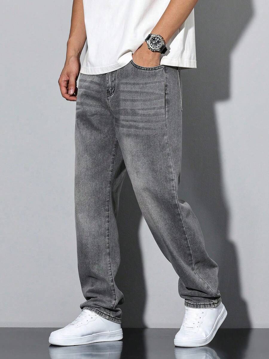 Straight-Cut Cotton Washed Denim Jeans With Slanted Pockets, Versatile Wide-Leg Relaxed Fit Washed Denim Jeans, Casual Matching Couples - Light Grey - View 1