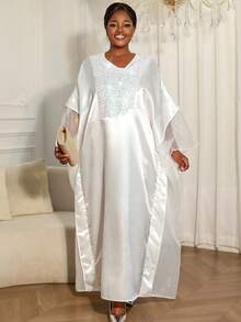 大码女士优雅白色非洲风情宽松亮片缎面欧根纱拼接连衣裙 - 白色 - 查看 6