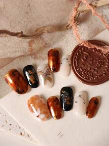 10片装亚克力美甲贴片，黑色、金色、亮棕色可选，蝴蝶花朵图案，短款，包含1张粘性贴片和1个迷你指甲锉。 - 彩色 - 查看 2