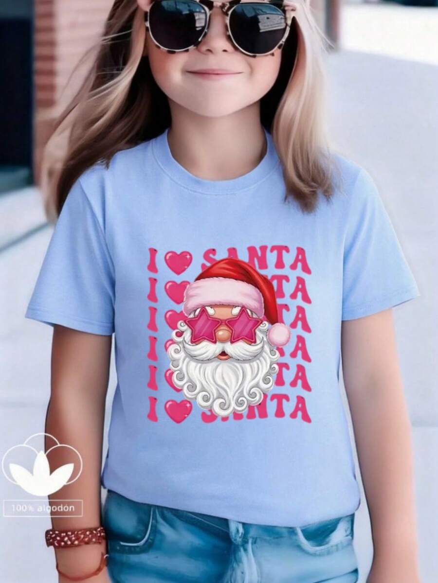 Esta nueva y moderna camiseta de manga corta 100 % algodón para niña luce un estampado navideño. Esta camiseta holgada, informal y versátil está confeccionada con un tejido suave y agradable para la piel de tu bebé. Ya sea para una reunión familiar, un evento escolar o una salida para jugar al aire libre, esta camiseta permite que tu hija se mueva con libertad y comodidad. - Azul - Ver 1