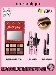 MISSLYN-3PCS Black Joker Eye Makeup Set, Black Joker All In One Mascara, Multi-Effect In One, One Multi-Effect, Curling, Thickening, Lengthening, No Caking, Anti-Smudge,Dip Eyeliner 1Pc Eyeliner Pencil, Liquid Eyeliner, Long Lasting Eyeliner, Creamy Eyeliner Gel, Waterproof And Sweat-Proof Eyeliner Gel, Black Joker Eyeshadow Palette, 15-Clolor Shimmer Matte Eyeshadow Palette, Warm Brown, Smoky Eyes, Colorful, Long Lasting, Ultra Pigmented, Blendable, Y2K Makeup, Party, Beach, Travel, Holiday, - #1+#10+#2 - 查看 1