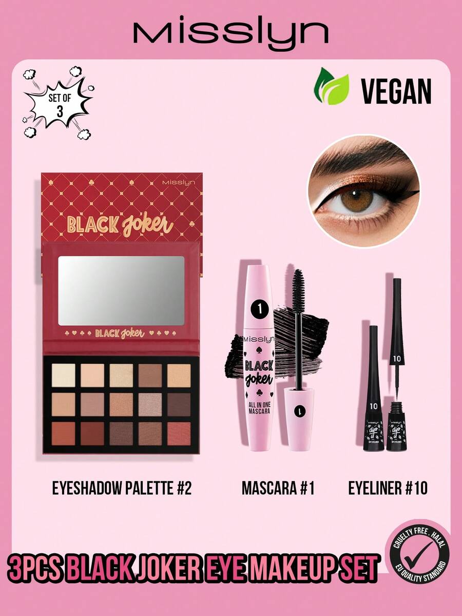 MISSLYN-3PCS Black Joker Eye Makeup Set, Black Joker All In One Mascara, Multi-Effect In One, One Multi-Effect, Curling, Thickening, Lengthening, No Caking, Anti-Smudge,Dip Eyeliner 1Pc Eyeliner Pencil, Liquid Eyeliner, Long Lasting Eyeliner, Creamy Eyeliner Gel, Waterproof And Sweat-Proof Eyeliner Gel, Black Joker Eyeshadow Palette, 15-Clolor Shimmer Matte Eyeshadow Palette, Warm Brown, Smoky Eyes, Colorful, Long Lasting, Ultra Pigmented, Blendable, Y2K Makeup, Party, Beach, Travel, Holiday, - #1+#10+#2 - 查看 1