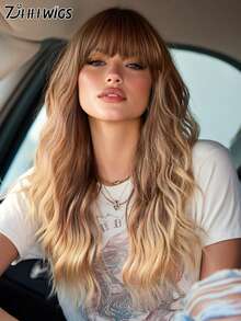 7JHH WIGS Ombre Brown Wig With Bangs For Women 22 In Long Wavy Brown Mixed Blonde Wig With Dark Roots Natural Curly Synthetic Resistant Fiber Wigs For Women Daily Party Use,Mother'sdaygifts - Brown Ombre - View 2