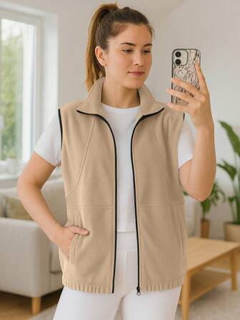 Women's Turtleneck Sleeveless Fleece Vest, Warm And Versatile Zip-Up Jacket For Commuting, Outdoor Walking, Travel And Casual Daily Wear, Autumn/Winter