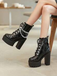 Women's Goth Platform High Heels Boots Lace-Up Chunky High Heels Round Toe Zipper Punk Ankle Booties Fashionable Rave Buckle Y2k Booties - Đen A - Xem 6