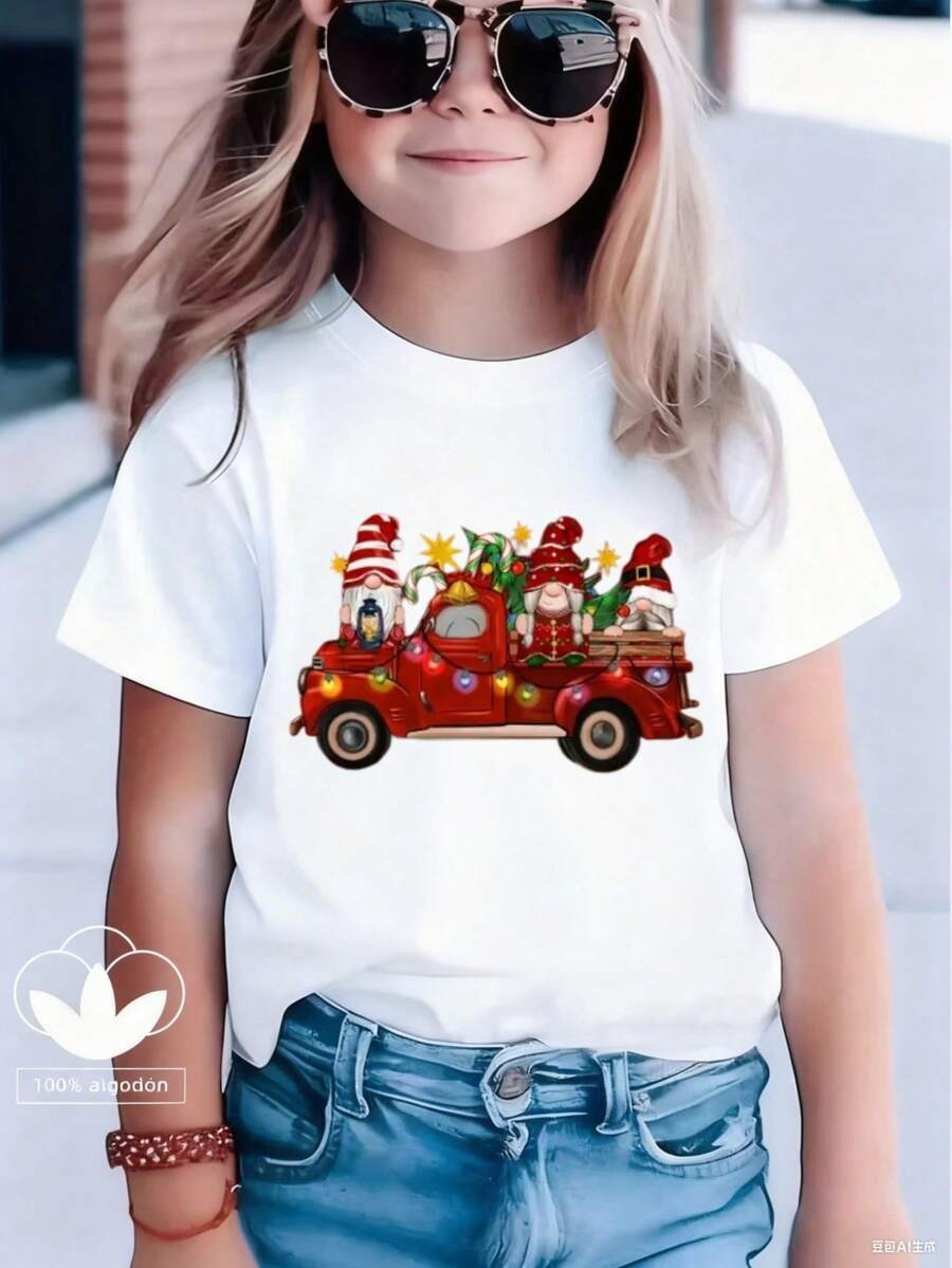 Esta nueva y moderna camiseta de manga corta 100 % algodón para niña luce un estampado navideño. Esta camiseta holgada, informal y versátil está confeccionada con un tejido suave y agradable para la piel de tu bebé. Ya sea para una reunión familiar, un evento escolar o una salida para jugar al aire libre, esta camiseta permite que tu hija se mueva con libertad y comodidad. - Blanco - Ver 1