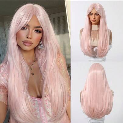 24 Inch Long Straight Pink Synthetic Wig With Bangs, Suitable For Women, For Party, Cosplay, Heat Resistant