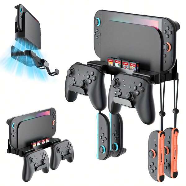 Wall Mount For Switch 2/Switch OLED/Switch Console, Switch 2 TV Dock Storage Rack, Switch 2 Pro Controller Wall Mount With 8 Card Slots And 4 Hooks, Black