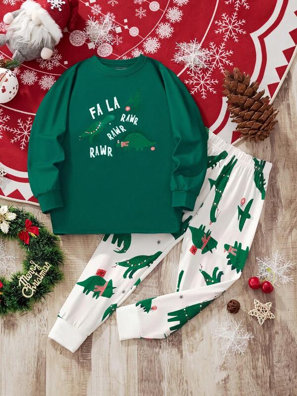 2pcs/Set Kids Cartoon Dinosaur Print Long Sleeve T-Shirt And Pants Set, Suitable For Outdoor, Party Wear, Christmas