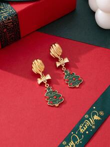 2 piezas Pendientes de árbol de Navidad de aleación de zinc y esmalte con efecto de goteo, adecuados para que las mujeres los usen durante la Navidad