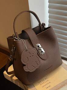 小众设计休闲百搭简约时尚PU纹理单肩斜跨包手提包水桶包托特包女士户外小手提包高品质复古斜跨包 - 咖啡 - 查看 4