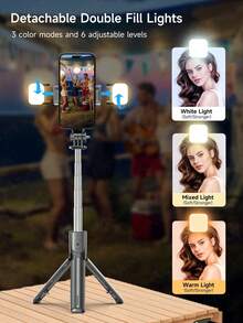 TOKQI 自拍杆三脚架，带可选补光灯，便携式和伸缩式，可伸缩自拍杆三脚架，带无线遥控器和三脚架支架，轻巧紧凑，兼容各种设备型号。