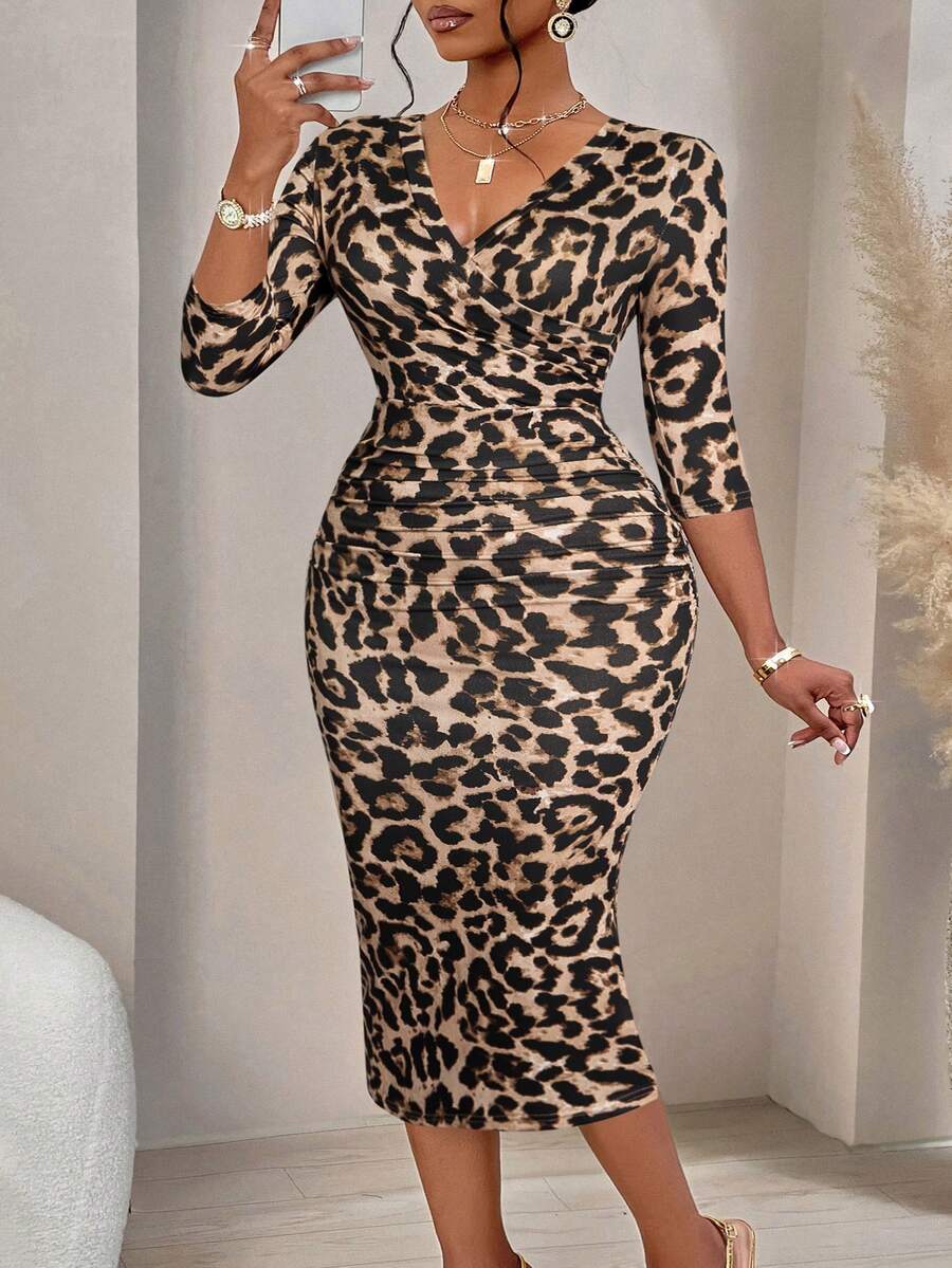 BIUBIU Plus Size Women's Fashion Wavy Print Wrap V-Neck Ruched Bodycon Midi Dress (Random Print) Summer Vacation Elegant - Leopard Brown - View 1