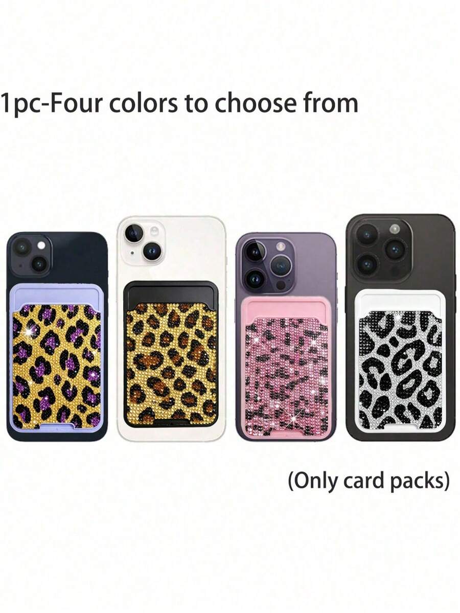 Stylish Luxury Leopard Print Sparkling Diamond Minimalist Universal Adhesive Phone Back Card Holder Bag, Phone Back Wallet Pocket,Compatible With Most Smartphones And Protective Cases,Sparkling Rhinestone Travel Accessories,Suitable For Men And Women, Couples, For Daily Use,Dating, Festival, Back To School, Summer, Vacation, Travel, Commuting,Birthday Gift, Holiday Gift, Thoughtful Gift For Mother'S,Practical Gift