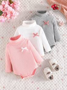 3pcs/Set Infant Baby Casual Cute Bow Ribbed Long Sleeve Bodysuit