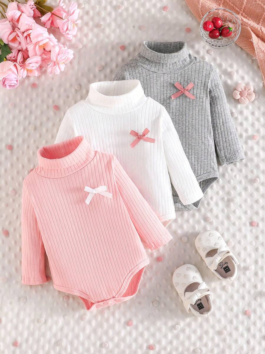 3pcs/Set Infant Baby Casual Cute Bow Ribbed Long Sleeve Bodysuit