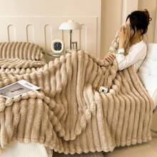 1pc Soft Vintage Style Faux Fur Blanket - Cozy Choice For Sofa And Chair, Striped Pattern, Machine Washable, Polyester Blend, Comfortable For All Seasons, Chair/Bed Cover | Soft Blanket | Polyester Blend, Rabbit Decor - Khaki - View 7