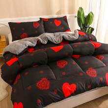 1pc Printed Thick Quilt, Reversible, Soft And Comfortable - Love Black - View 11