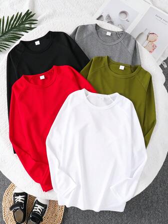 5pcs/Set Kids' Quick Dry Mesh Long Sleeve Raglan Sweatshirts, 7-11 Years Old, Suitable For Fitness, Cycling, Tennis, Casual Sports