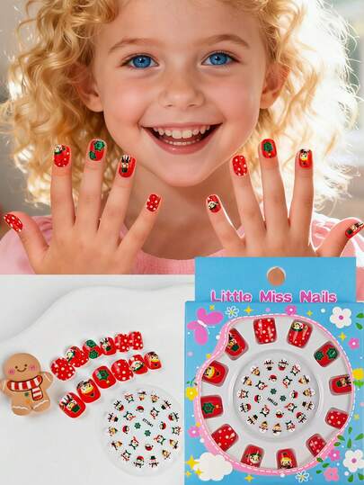 1 盒圣诞节 12 件指甲、按压指甲、可爱圣诞老人雪人假指甲、儿童指甲贴纸、指甲贴、彩色指甲贴纸、派对玩具、圣诞礼物。