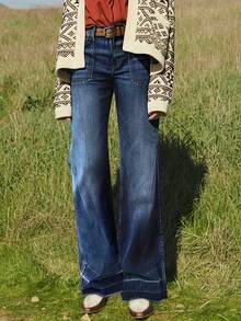 New Women's High Waisted Elastic Wide Leg Jeans, High-Quality, Fashionable, Casual And Comfortable Jeans, Suitable For Daily Wear - 藍色 - 查看 5