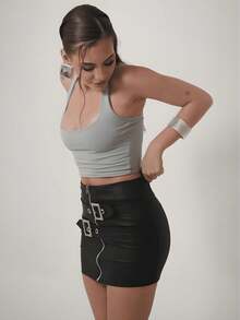 Cropped Feminino Halter em Poliamida – Top Justo, Liso, Confortável e Estiloso - Cinza - Visão 3