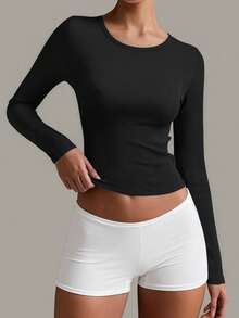 Camiseta de manga larga acanalada de cuello cuadrado y ajuste delgado para mujer