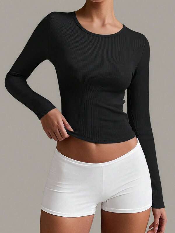 Camiseta de manga larga acanalada de cuello cuadrado y ajuste ceñido para mujer, color negro