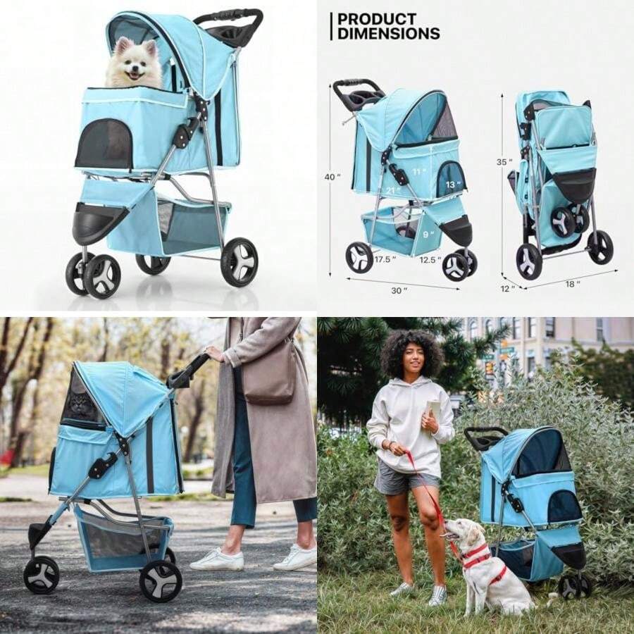MoNiBloom Cochecitos plegables para perros pequeños con cubierta para el clima, carrito de paseo para mascotas de 3 ruedas para perros y gatos con cesta de almacenamiento y soporte para tazas, malla(Verde (Mint Green)) - Tipo 4 - Ver 1