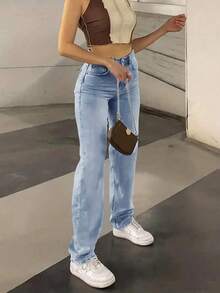 Teen Girls' High Waist Casual Versatile Simple Style Blue Jeans - Baby Blue - View 5