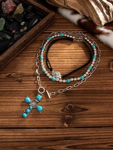 4 件西部乡村女牛仔风格金属扣靴子、帽子、吊坠、多层项链、复古时尚绿松石装饰项链、女士日常配饰首饰套装 - 彩色 - 查看 9