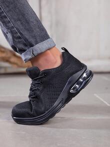 Zapatillas deportivas de hombre de estilo casual con cordones, ojales metálicos y suela acolchada, de unicolor y estilo cargo - Azul Marino - Ver 9