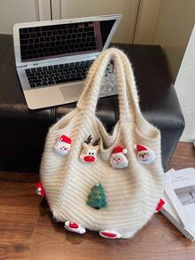 1pc, Versatile Fashion , High-Value Niche Design, Hand Bill Of Lading Shoulder Tote Bag, Contrast Knitted Fabric, Multi-Color Optional Large-Capacity Fan-Shaped Bag For Santa Claus Christmas Tree Deer Decoration, Suitable For Ladies' Daily Commuting And Shopping Occasions.