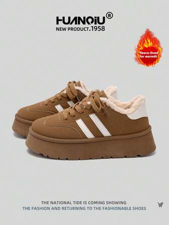 HUANQIU 2025新款女鞋登山鞋女运动鞋德馨鞋时尚冬季毛绒保暖多功能轻便舒适系带软底休闲鞋跑步鞋咖啡四季鞋