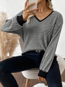 大码女式条纹撞色拼接扭纹背心无袖上衣 - 黑色 - 查看 4