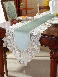 1 件 100% 涤纶天鹅绒面料精致 3D 刺绣蕾丝边桌旗，优雅适合家居装饰、厨房、餐桌、橱柜、咖啡桌、电视柜、餐垫、节日、家庭聚会、婚礼、别墅派对、礼物、室内和室外、露营、所有季节，多种尺寸可供选择 - 綠色 - 查看 1